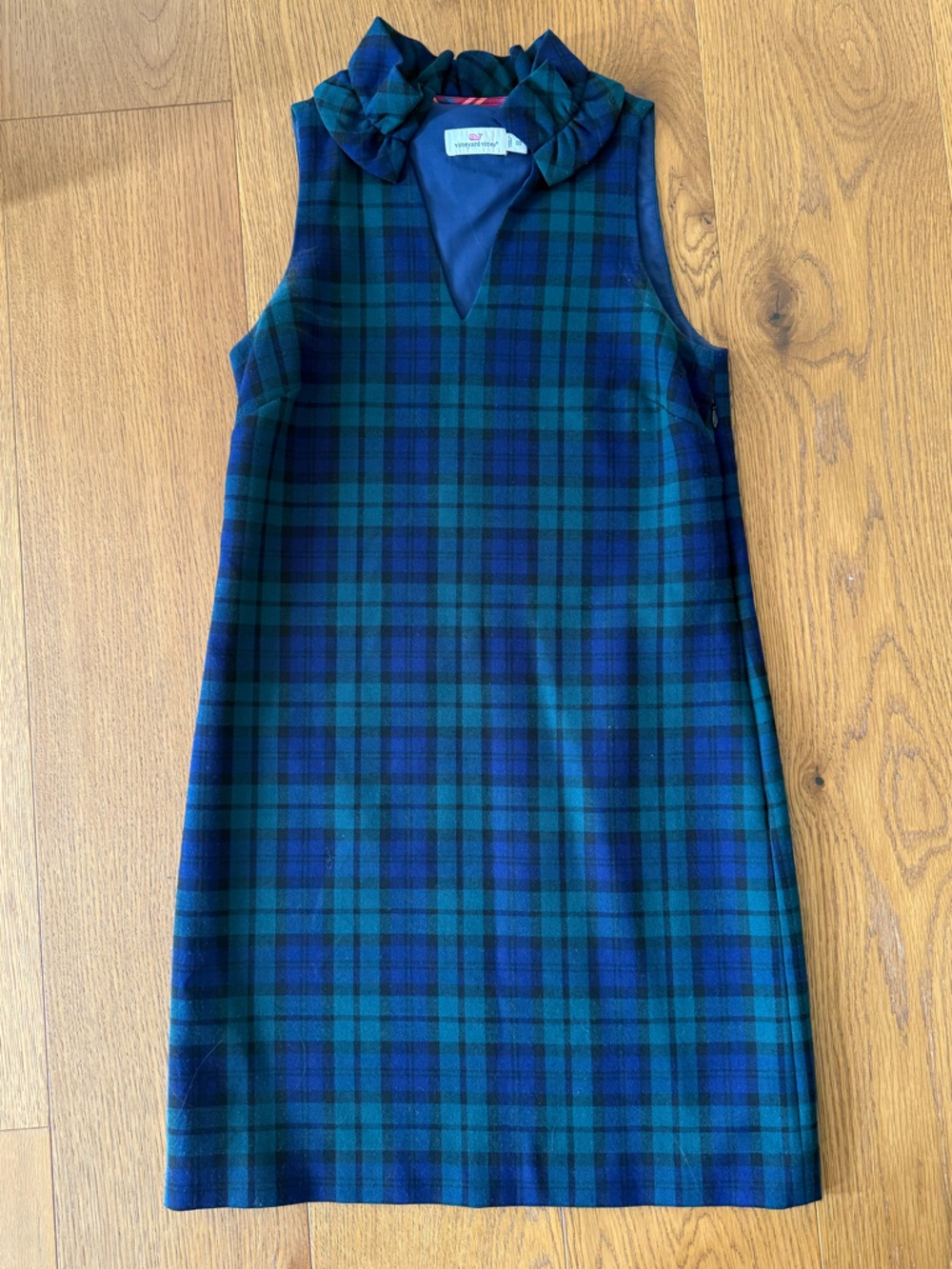 Vineyard Vines Plaid Sleeveless Dress with Ruffle Collar - Blue Green